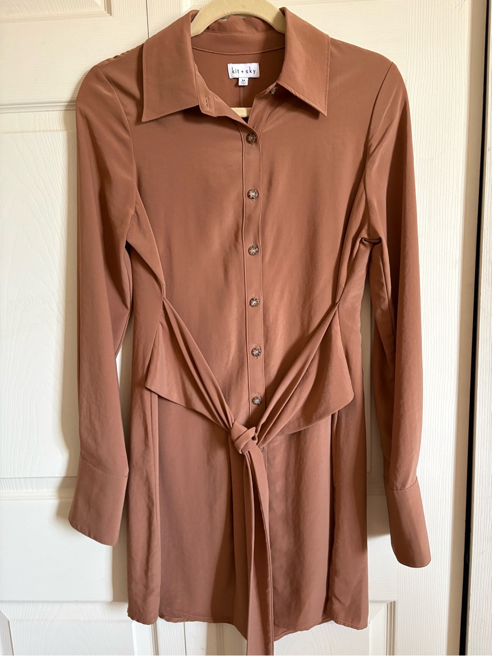 Rust Brown Button-Front Tie Waist Dress